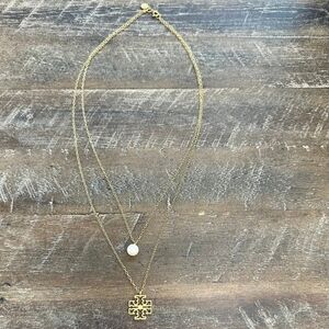 Tory Burch Gold Layered Necklace with Pearl Pendant, Beautiful Double Layer